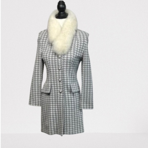 ST. JOHN FOX fur Houndstooth Long Coat Set gold mabe pearl buttons real fur - Picture 12 of 17